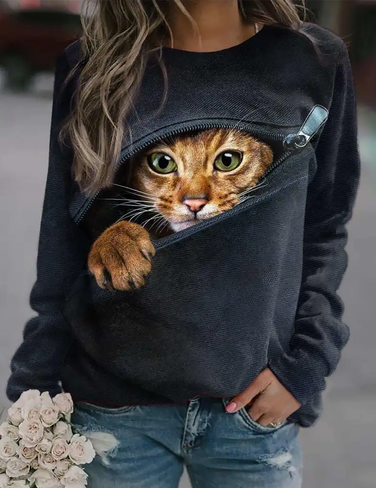 3D Zipper Cat Digital Print Round Neck