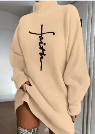 Vestido Holgado Informal De Manga Larga Con Cuello Alto Y Letras Estampadas Para Mujer