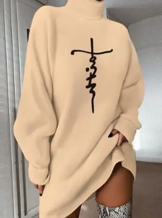 Vestido Holgado Informal De Manga Larga Con Cuello Alto Y Letras Estampadas Para Mujer