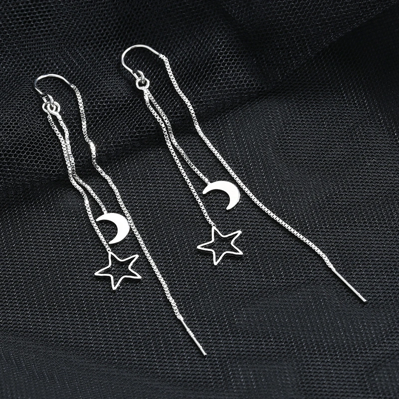 Asymmetric 925 Sterling Silver Women's Earrings Long Star Moon Party Jewelry Gift