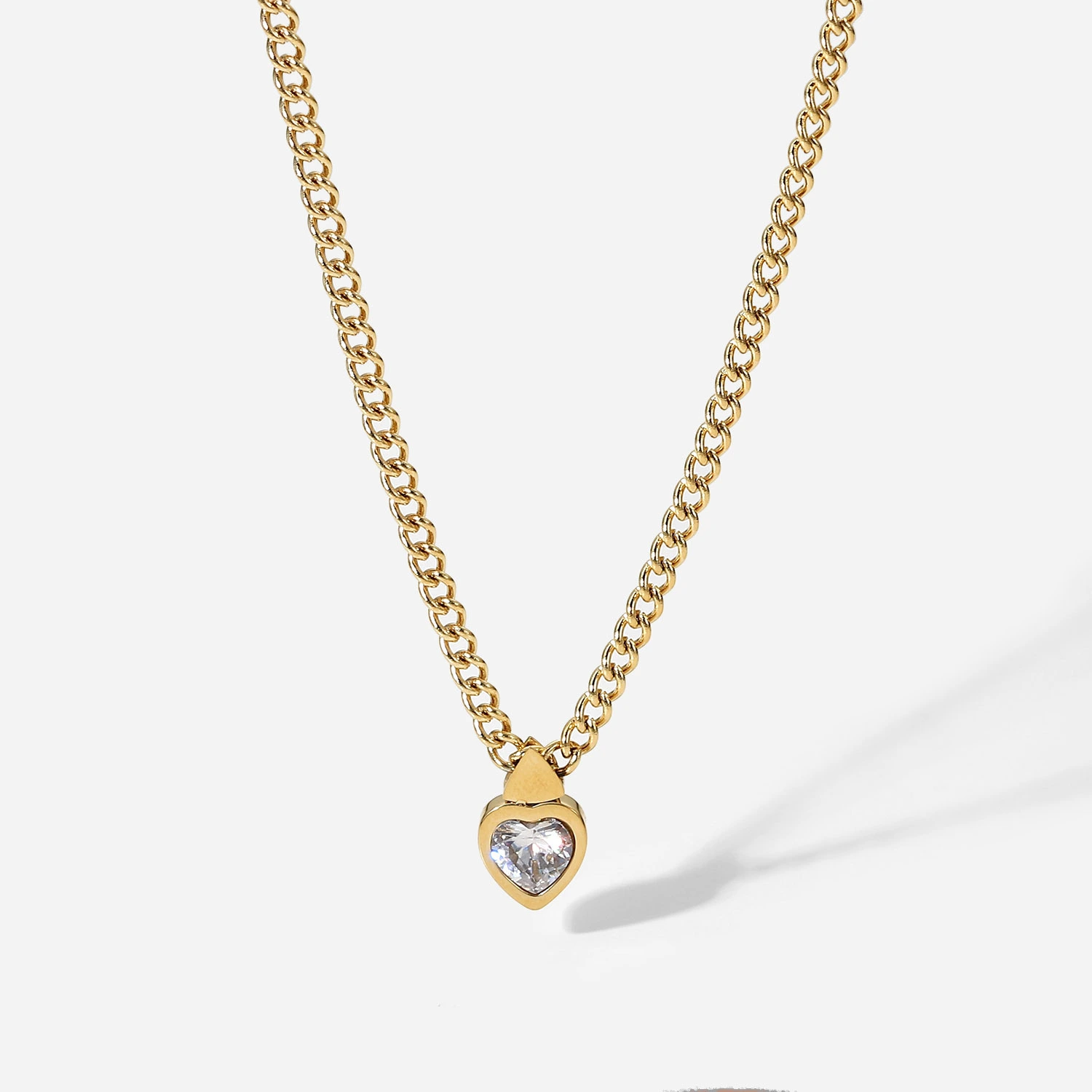 14K Gold Plated Stainless Steel Cuban Chain Heart Necklace