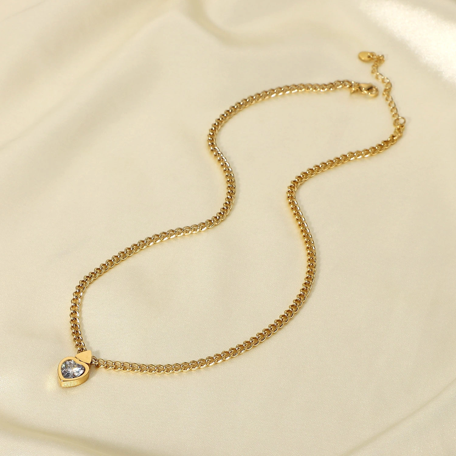14K Gold Plated Stainless Steel Cuban Chain Heart Necklace