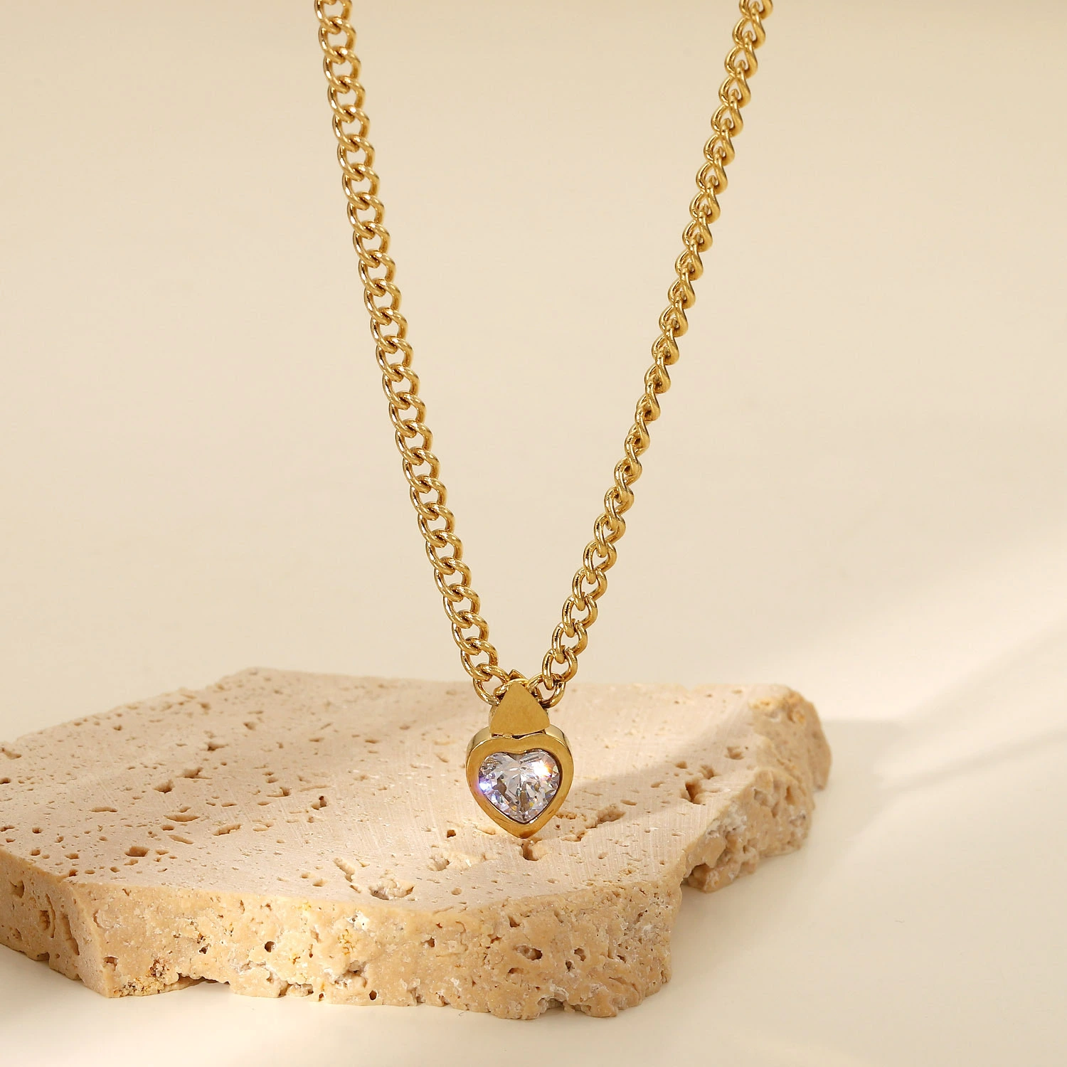 14K Gold Plated Stainless Steel Cuban Chain Heart Necklace