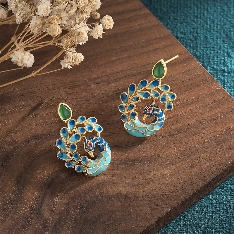 Vintage Jewelry Painted Enamel Peacock Natural Stud Earrings