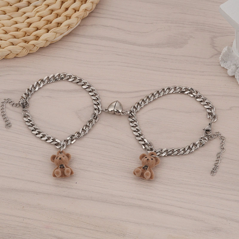 Stainless Steel Flocking Three-dimensional Bear Pendant Love Love Magnetic Buckle Couple Bracelet