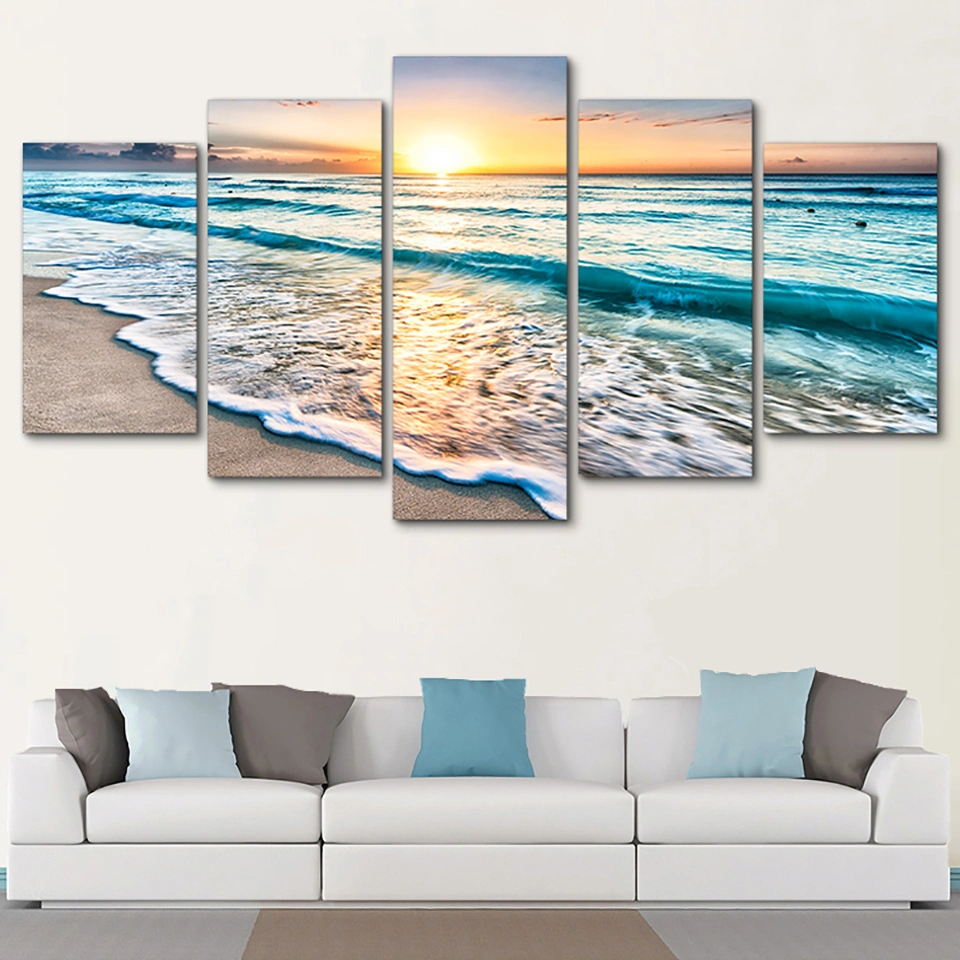 Sunset Beach Waves 5 Panel Wall Art HD