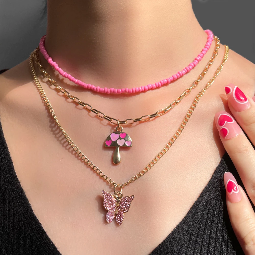 Girl Full Drill Insect Butterfly Pendant Mushroom Necklace