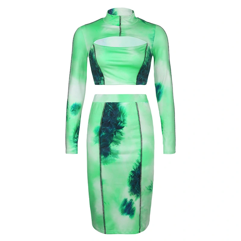 Tie-dyed Printed Half-high Neck Cut-out Top And Skirt