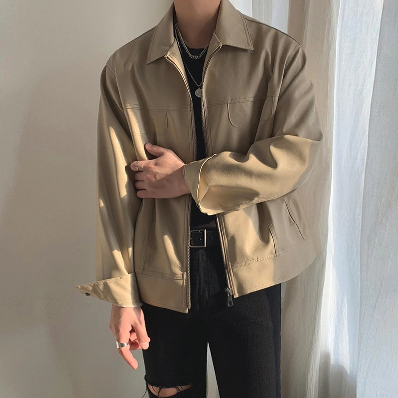 Men's Casual Lapel Collar Handsome Motorcycle Loose Solid Color Leather Jacket