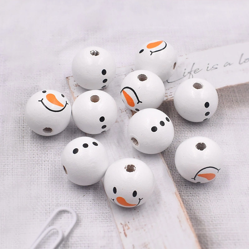 20MM White Printed Wood Bead Christmas Snowman Color