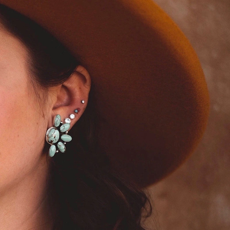 Bohemian Retro Geometric Flowers With Turquoise Earrings