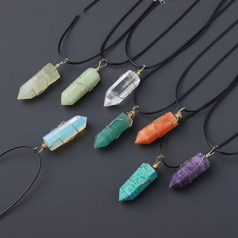 Crystal Single Pointed Hexagon Prism Raw Stone Necklace