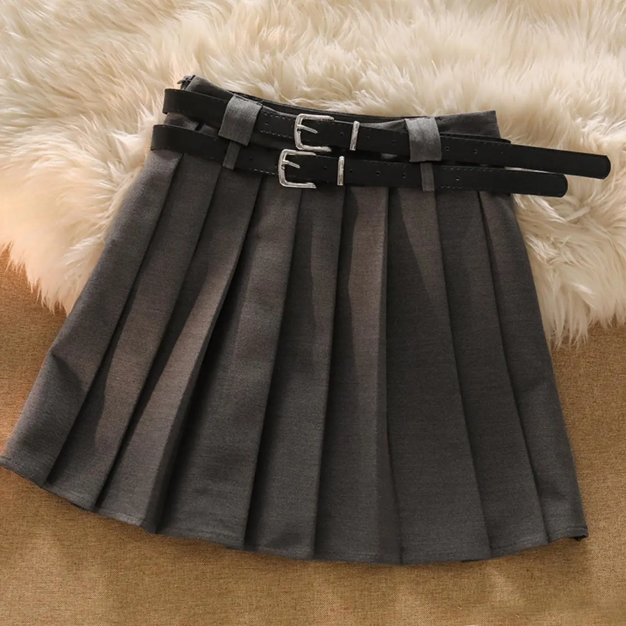 Gray Pleated Skirt With Belts