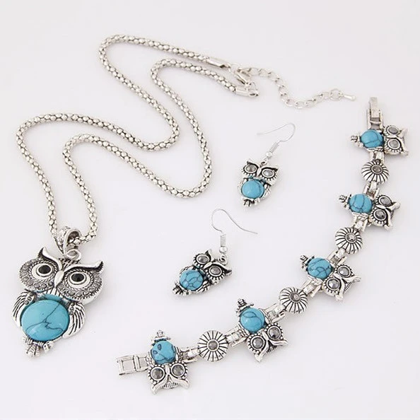 Turquoise Jewelry Set Vintage Imitation Thai Silver Owl Three-piece Set Chain