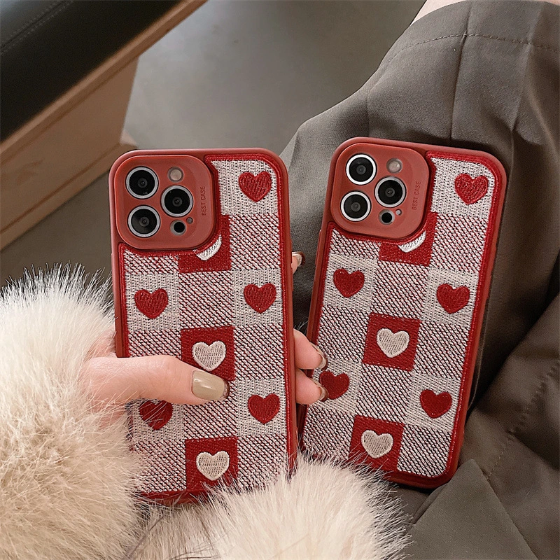 Checkerboard Heart Embroidered Phone Case Protector