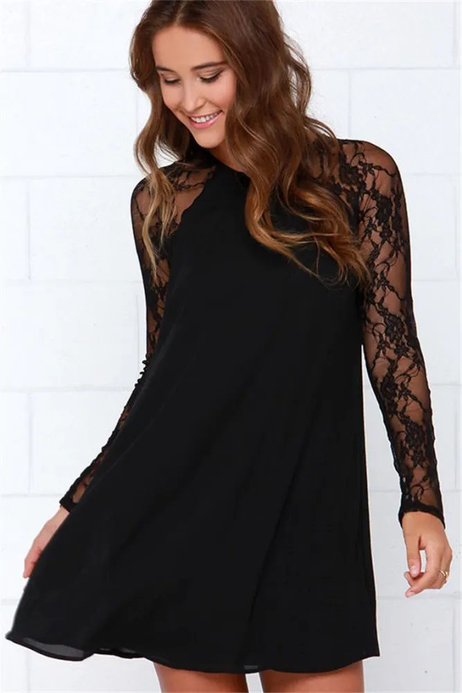Fashion Ladies Round Neck Lace Long Sleeve Dress