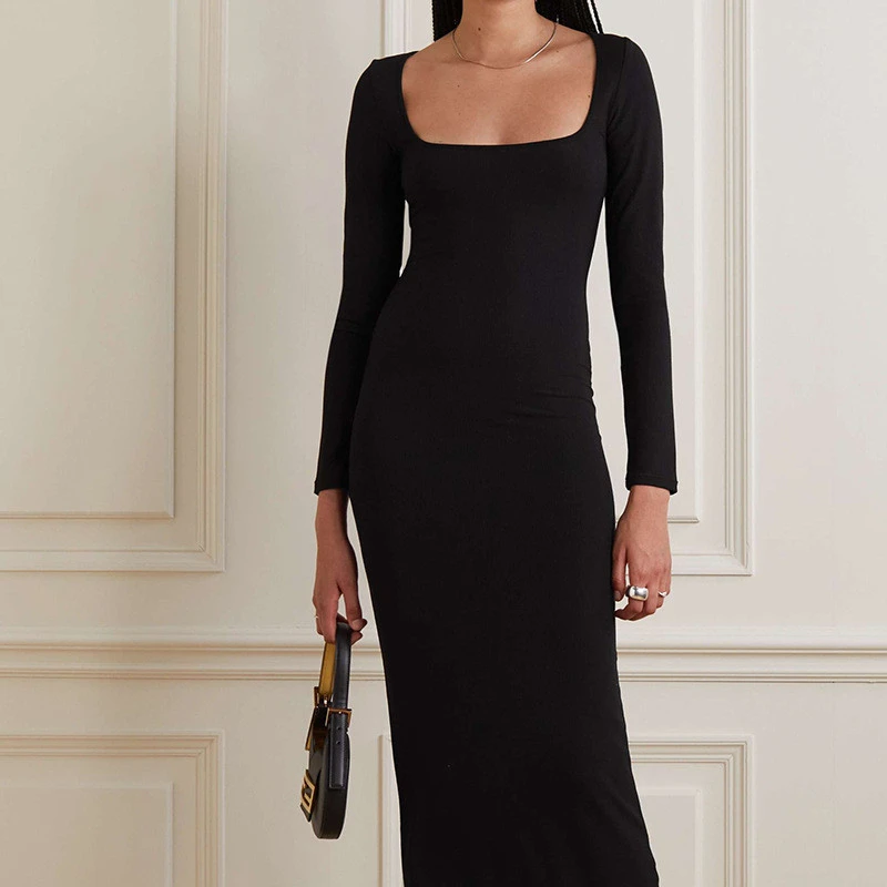 U-neck Long Skirt Ribbed Stretch Slim Solid Color Long-sleeved Dress