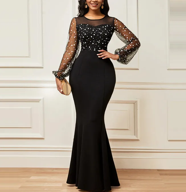Crewneck Mesh Splicing Long-sleeved Elegant Slim Dress