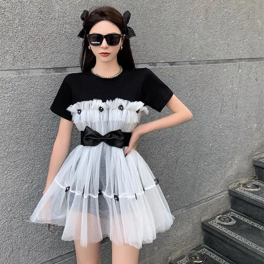 Bowknot Flower Decorative Mesh Patchwork Puffy A-line Dress