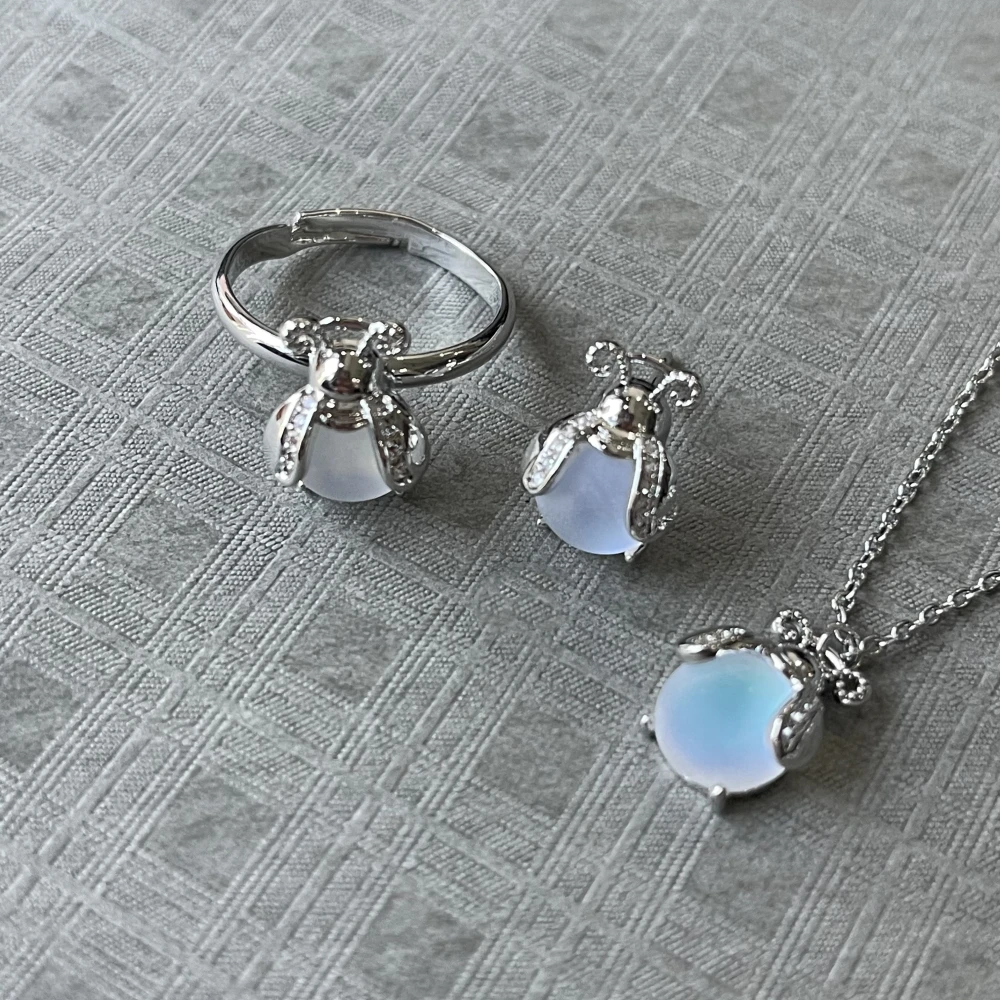 Glowworm Moonstone Necklace Earrings Ring