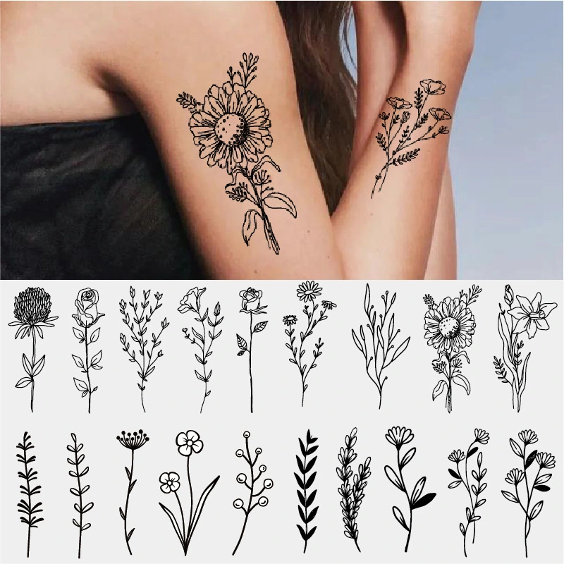 New Black Small Flower Tattoo Stick Plant Lavender Sticker