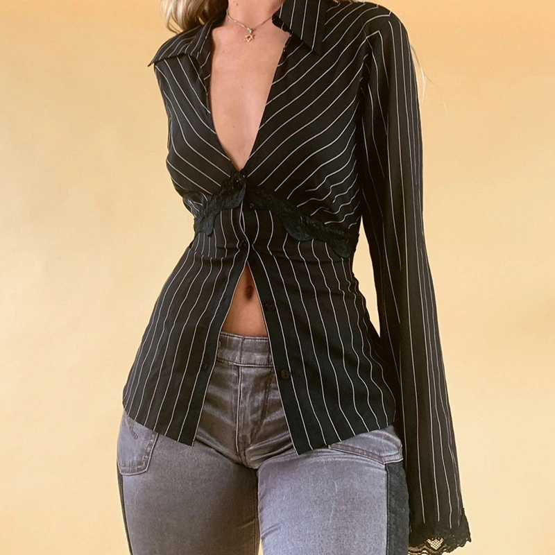 Women's Vintage Striped Lace Panel Shirt