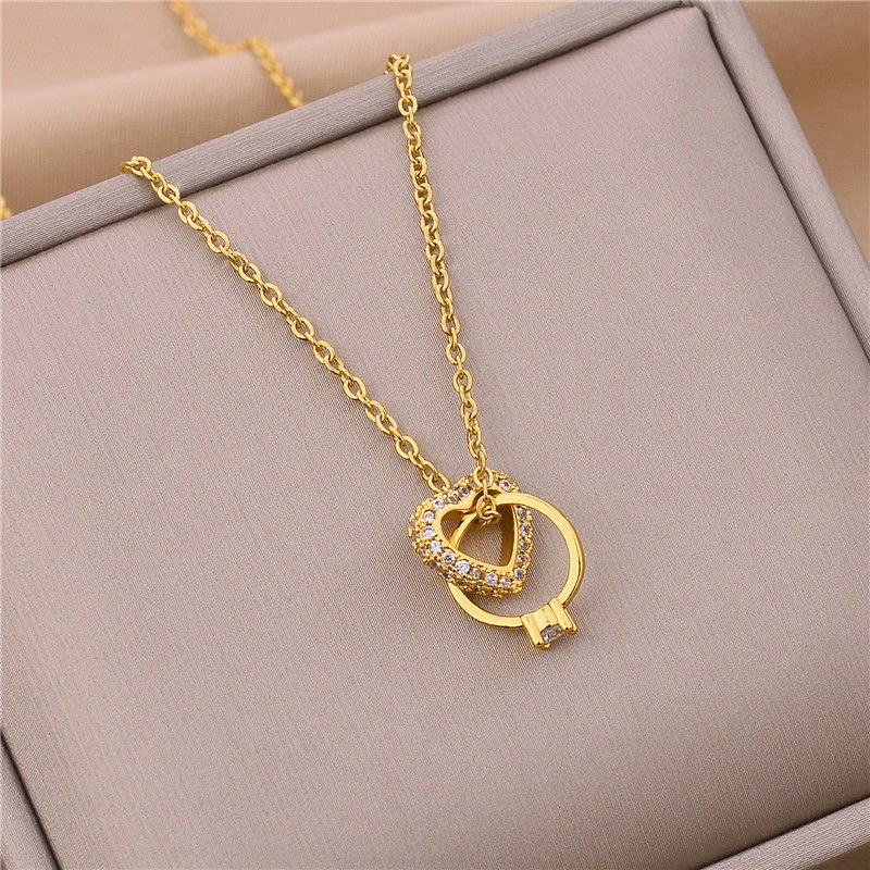 Stainless Steel Zircon Love Heart Double Ring Necklace New Simple Ladies Necklace Festive Party Jewelry