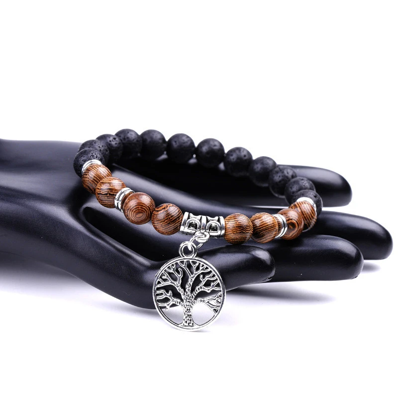 New Product Hot Selling Tree Of Life Pendant Natural Stone Volcanic Stone Wenge Wood Couple Beaded Bracelet