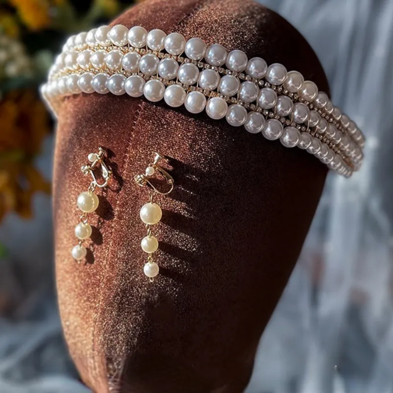 Pearl Rhinestone Handmade Hair Band Crown Earring Set