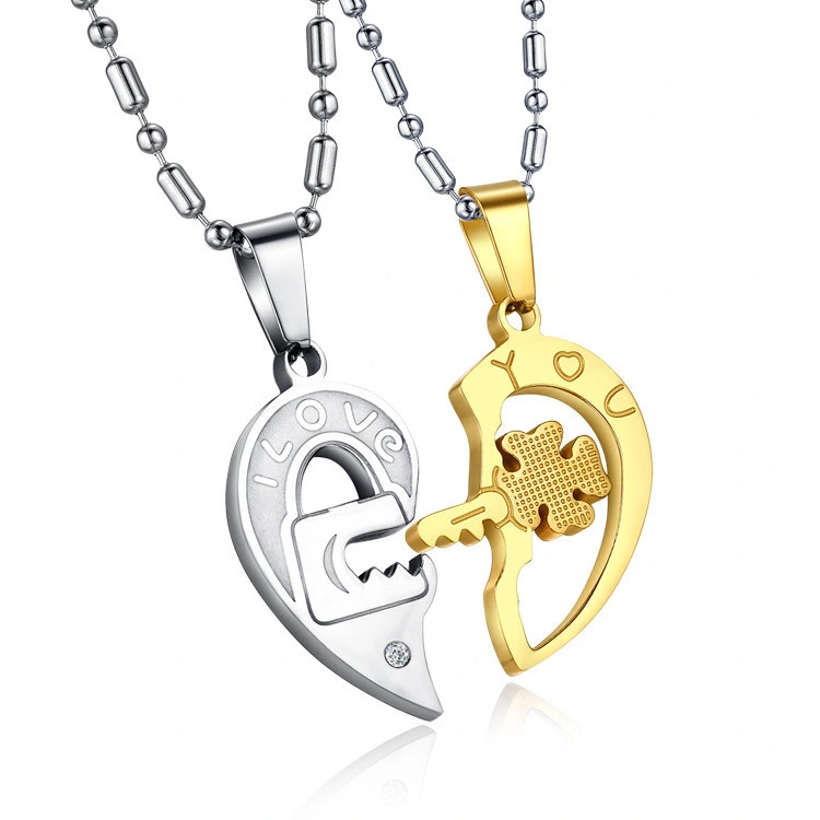 Couple Necklace Lock Pair Of Love Shaped Key Titanium Steel Pendant