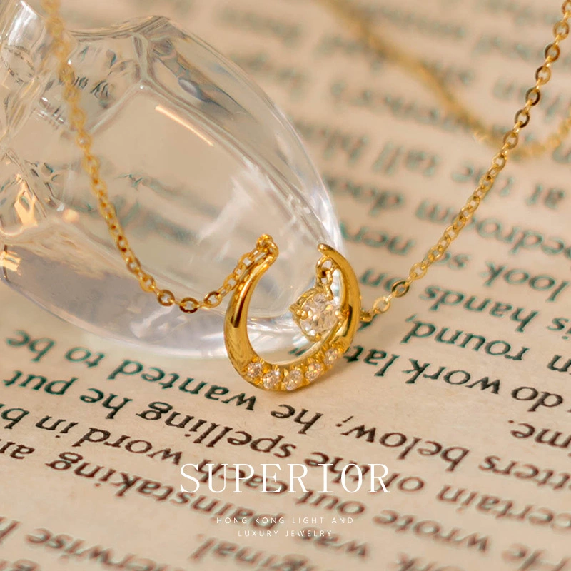 925 Sterling Silver Blue Zircon Moon Pendant Choker 14k Gold Necklace