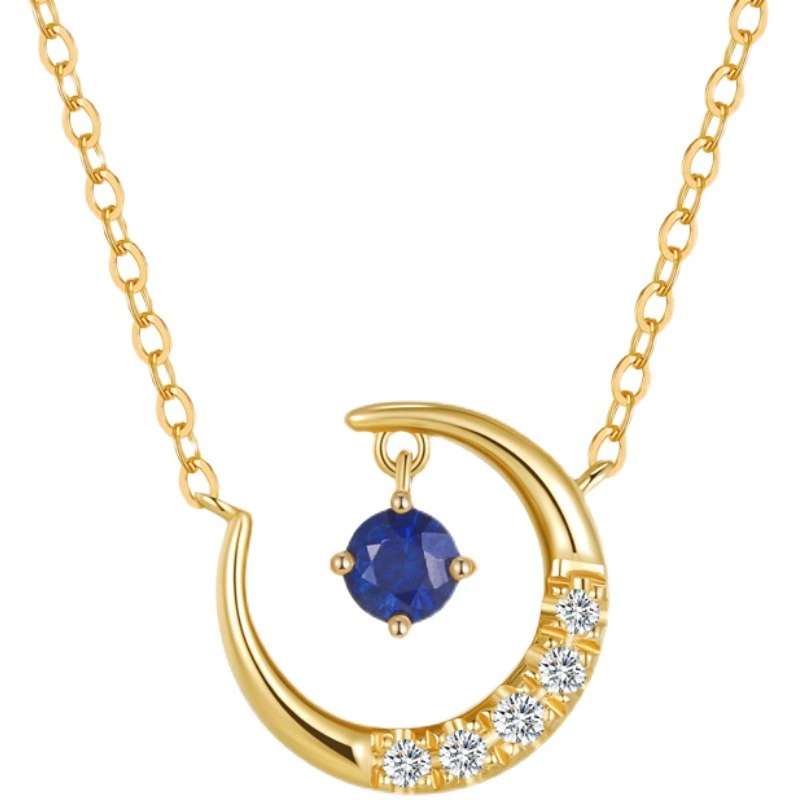 925 Sterling Silver Blue Zircon Moon Pendant Choker 14k Gold Necklace
