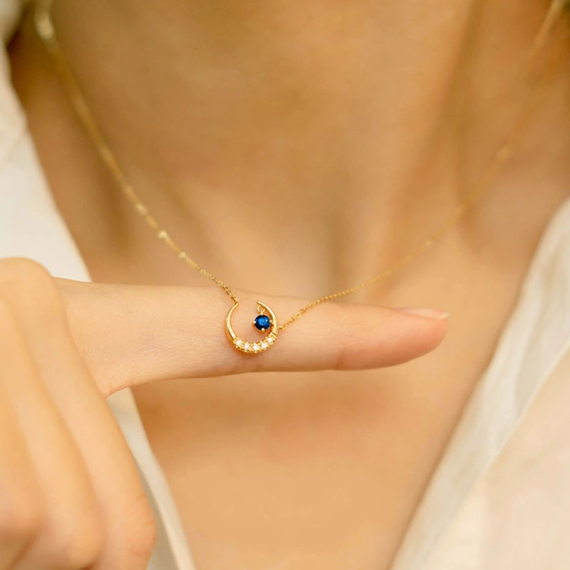 925 Sterling Silver Blue Zircon Moon Pendant Choker 14k Gold Necklace