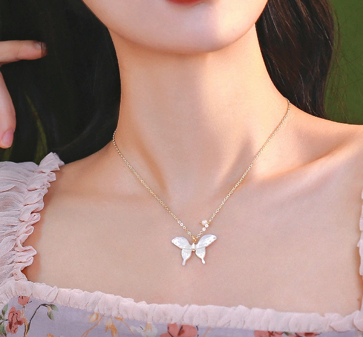 White Shell Fritillaria Butterfly Necklace