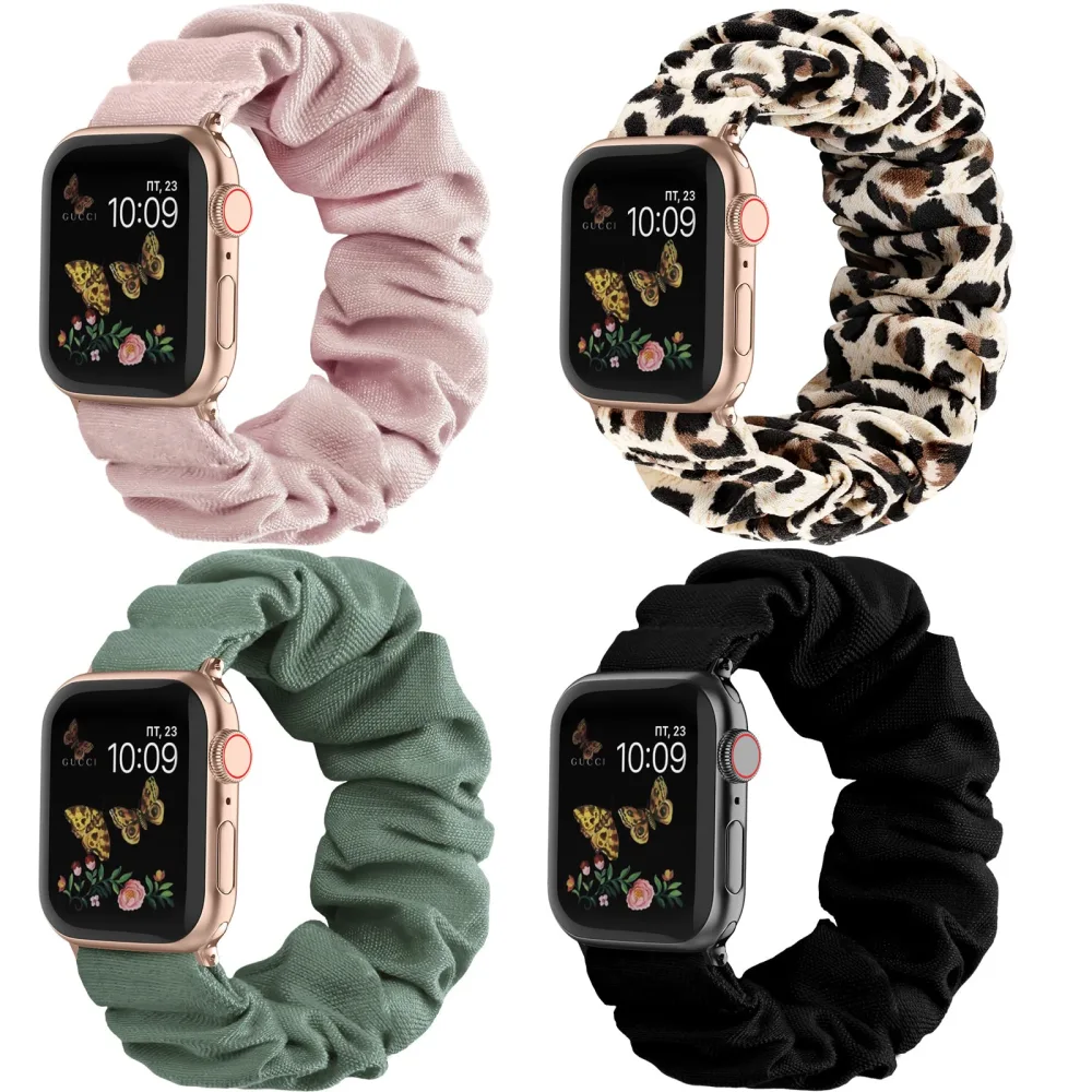 Recoppa Compatible for Apple Watch Band Scrunchie 38mm 40mm 41mm 42mm 44mm 45mm 46mm Cute Printed Elastic Solo Loop Bands Women Bracelet Strap for iWatch Series 10 9 8 7 6 5 4 3 2 1 SE, 4 Packs