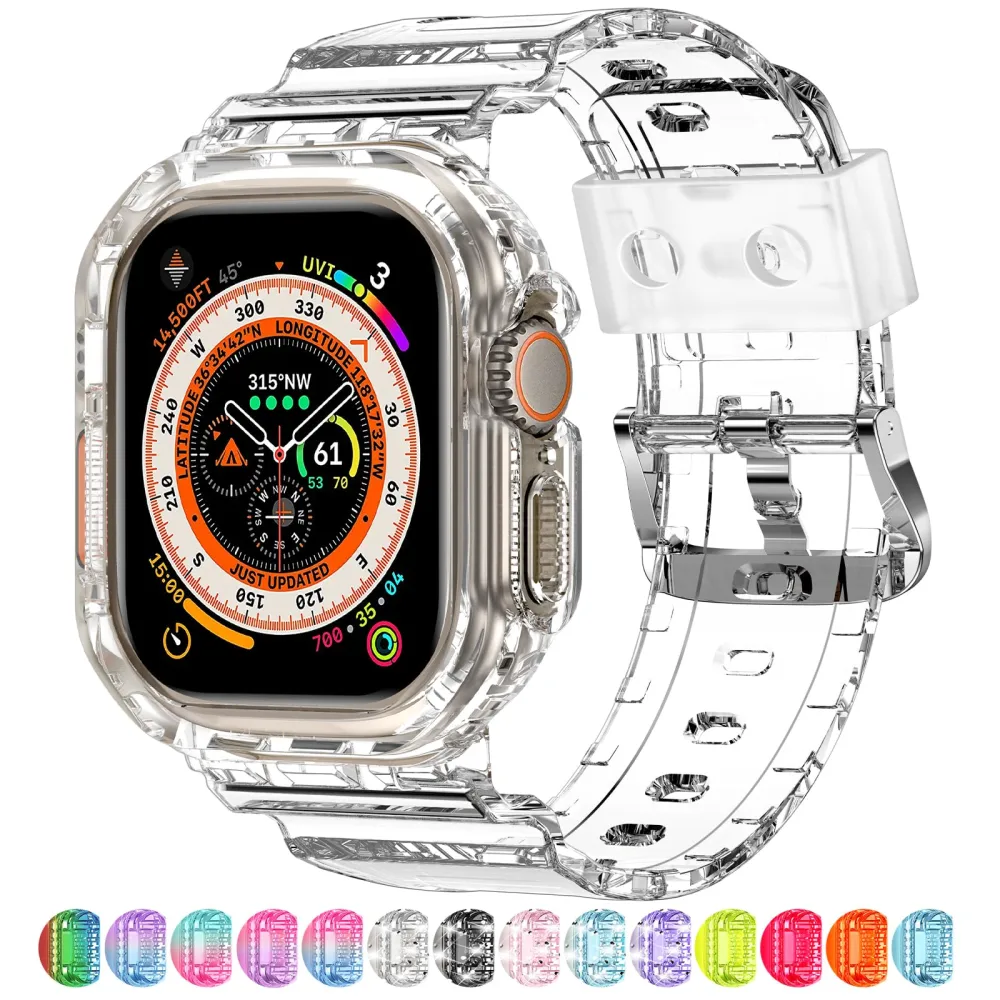 XYF Compatible for Crystal Clear Apple Watch Bands, 45mm 44mm 42mm 41mm 40mm 38mm Bumper Case for Men Women Jelly Sport Case Band for iWatch Ultra 2/1 Series 9 8 7 SE/6 5 4 3 2 1