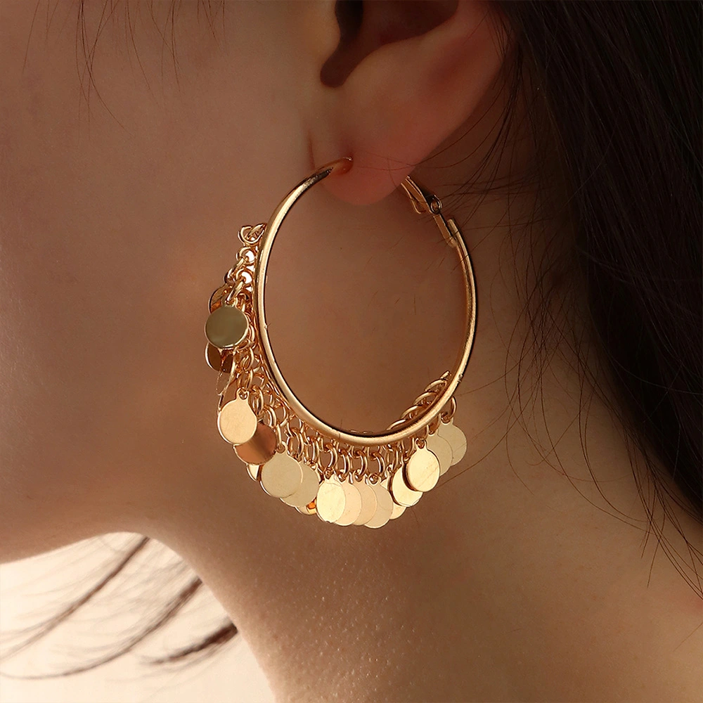 Fashion Gold Round Piece Alloy Tassel Light Luxury Tide Temperament Small Fragrance Earrings