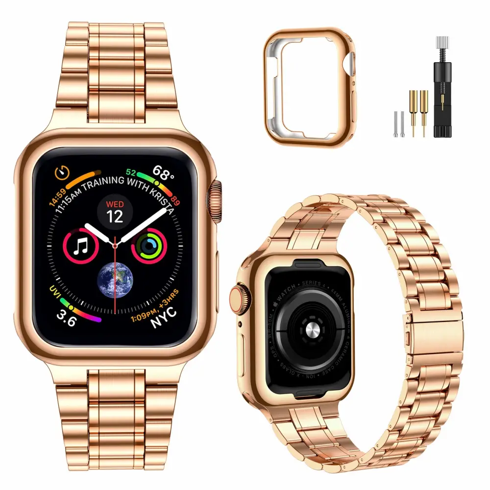 MioHHR Solid Stainless Steel Band Compatible with Apple Watch 38mm 40mm, Metal Strap with Soft TPU Case for iWatch Series 6 5 4 3 2 1 SE Women and Men (Rose Gold, 38/40 mm)