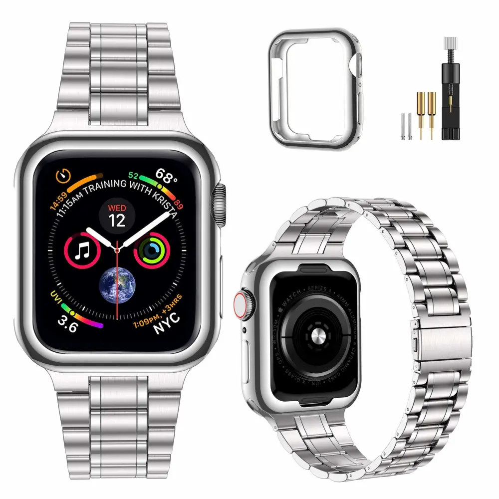 MioHHR Solid Stainless Steel Band Compatible with Apple Watch 44mm 42mm (Not Series 10), Metal Strap with Soft TPU Case for iWatch Series 6 5 4 3 2 1 SE Women and Men, Silver