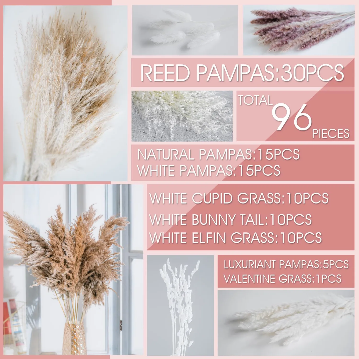 Natural Dried Pampas Grass Boho Home Decor Bouquet Phragmites Dried Flowers Bouquet for Wedding Floral Arrangements Home Decorations (96PCS)