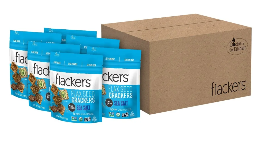 Flackers Organic Sea Salt Flaxseed Crackers, Gluten Free, Non GMO, Vegan, Keto Snack, 9g Fiber, 1g Net Carb, 5 Ounce 6-Pack