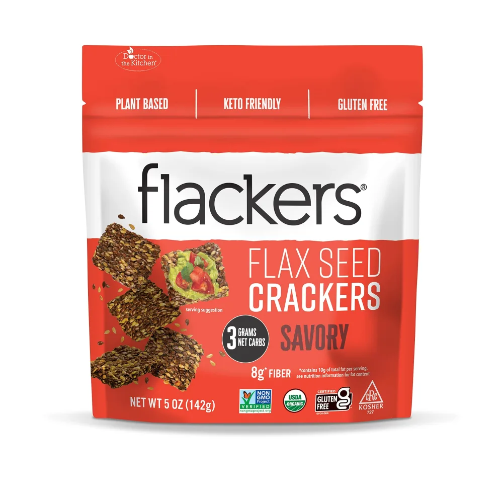 Flackers Organic Savory Flaxseed Crackers, Gluten Free, Non GMO, Vegan, Keto Snack, 8g Fiber, 3g Net Carbs, 5 Ounce 1-Pack