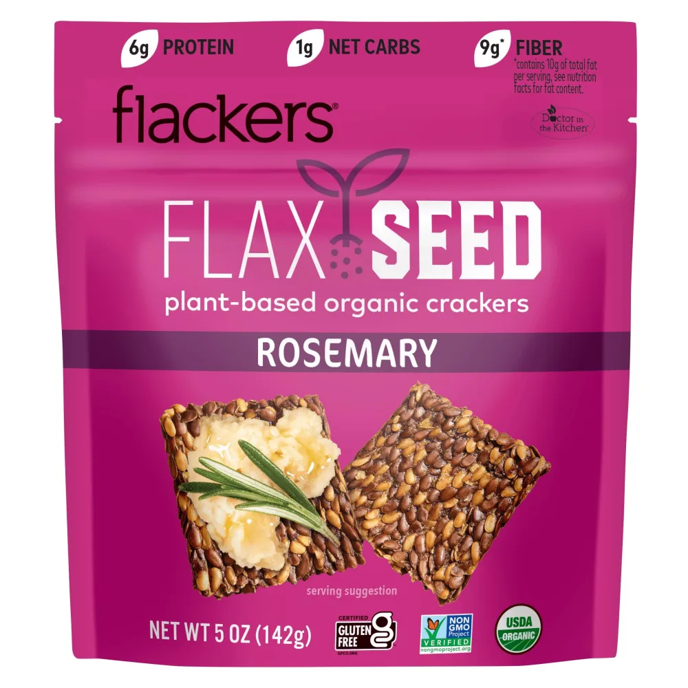 Flackers Organic Rosemary Flaxseed Crackers, Gluten Free, Non GMO, Vegan, Keto Snack, 9 Grams Fiber, 1 Net Carb,5 Ounce 6-Pack