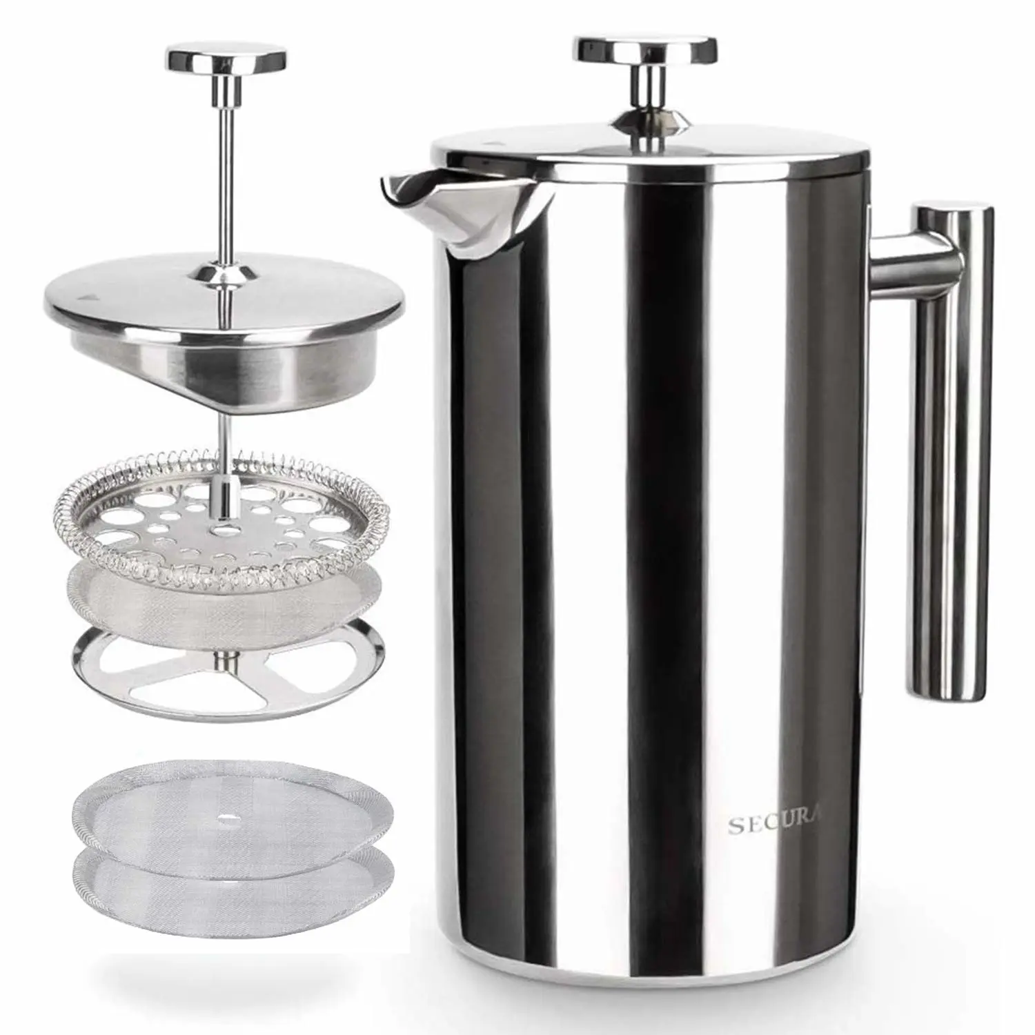 Secura French Press Coffee Maker, 304 Grade Stainless Steel Insulated Coffee Press with 2 Extra Screens, 34oz (1 Litre), Silver