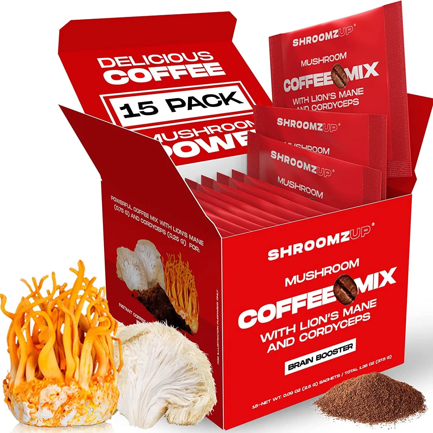 ShroomzUp Vegan Mushroom Coffee, Arabic Instant Coffee Mix With Lions Mane and Cordyceps for Travel, Better Focus, Energy, and Productivity, 15 Packets
