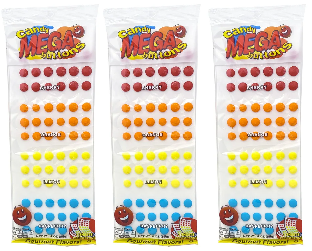 Stichler Mega Candy Buttons Pack of 3, 648 Buttons Total – Cherry, Orange, Lemon, & Raspberry - Bulk Candy, Retro Candy, Nostalgic Candy