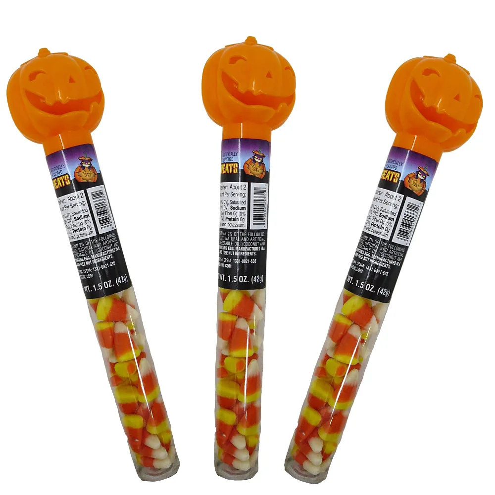 Needzo Halloween Candy Corn Tubes with Pumpkin Head Toppers, Cute Party Favors Goody Bag Fillers, Classroom Treat Exchange, Classic Fall Flavored Candies, Pack of 3