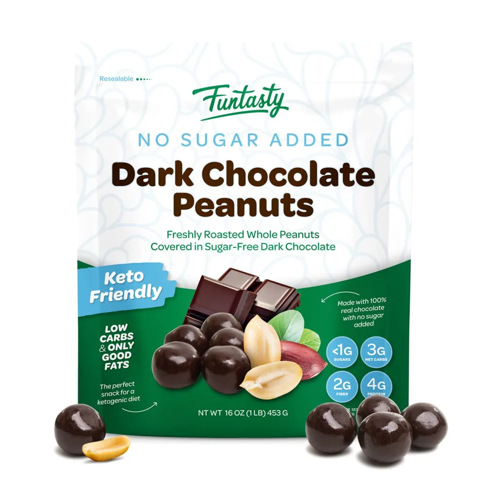 Funtasty Sugar-Free Dark Chocolate Covered Peanuts, Keto-Friendly, 1 Pound Pack