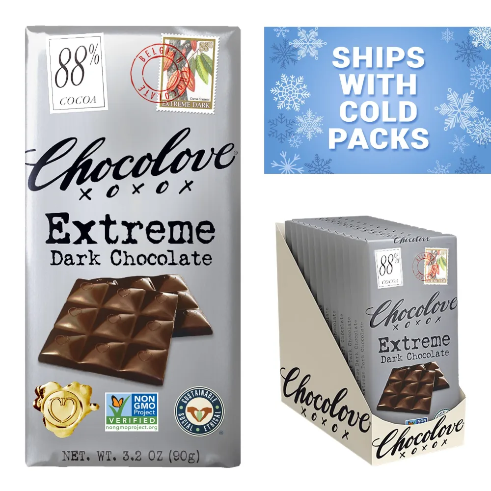 Chocolove Extreme Dark Chocolate Bars | 88% Cocoa | Rich and Intense Flavor | Made with Premium Belgium Dark Chocolate | Non-GMO & Gluten-Free, 3.2 oz Bar (12 Pack)