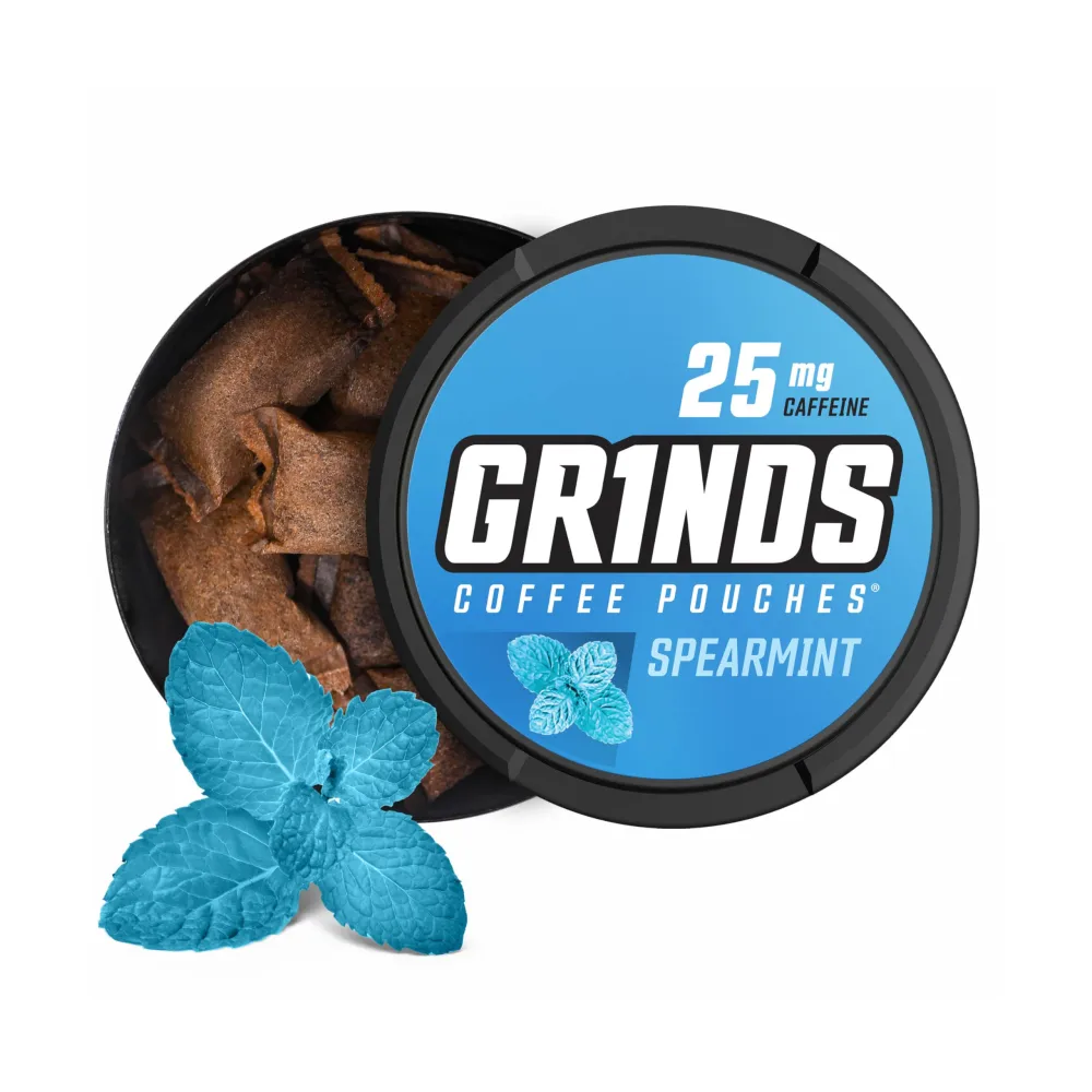 Grinds Coffee Pouches | Tobacco Free, Nicotine Free Healthy Alternative | 10 Cans of Spearmint | 18 Pouches Per Can | 1 Pouch eq. 1/4 Cup of Coffee (Spearmint)